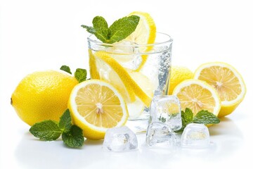 Refreshing lemonade with ice cubes, fresh lemons, and mint leaves, perfect for summer hydration and healthy lifestyle concept