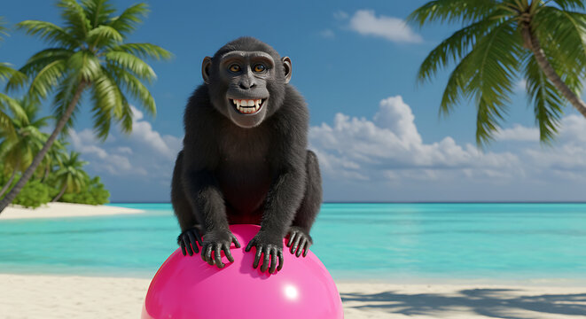 Playful monkey sitting on pink ball at tropical beach paradise