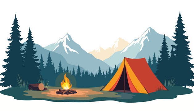Cozy camping scene with orange tent and campfire, outdoor adventure