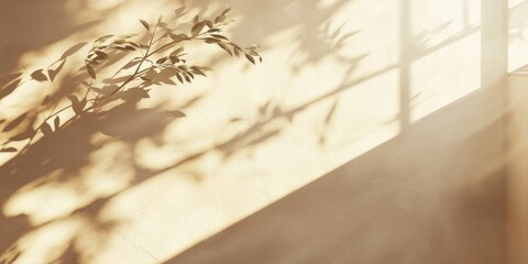 A warm beige wall with soft shadows of leaves cast by sunlight filtering through a window