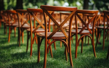 Wooden chairs arranged neatly on green grass in sunlight for event seating