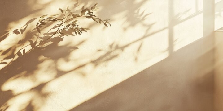 A warm beige wall with soft shadows of leaves cast by sunlight filtering through a window