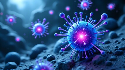 A vibrant, microscopic view of a virus, showcasing intricate details and glowing features against a dark background.