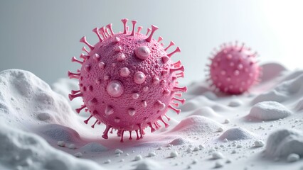A close-up view of pink virus particles on a textured surface, illustrating microscopic life forms.