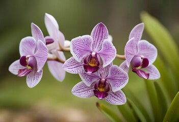 Obraz premium A cluster of light purple orchids with delicate veining, set against a natural green background.