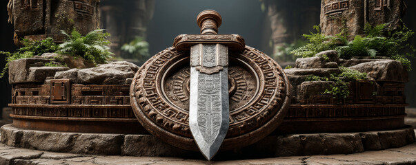 Ancient Sword Embedded in Ornamental Stone – Fantasy Temple Relic Scene