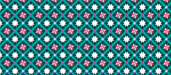 Teal & Coral Star Diamond Pattern &ndash; Repeating Geometric Grid with White Stars and Pink Motifs for Textile & Wallpaper Design
