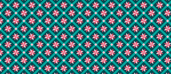 Teal Diamond Grid with Pink Stars - Delicate Geometric Repeat Pattern for Textile, Wallpaper and Packaging Design