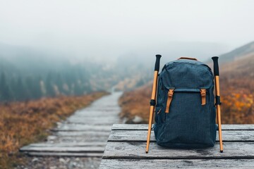 Backpack and trekking poles resting on rustic wooden table overlooking hiking trail in misty mountains