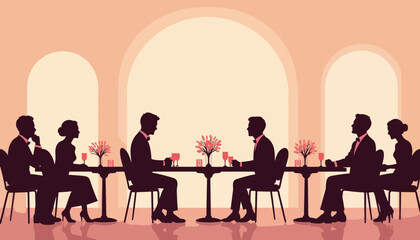 Elegant wedding reception guests enjoying dinner at stylish venue, celebration