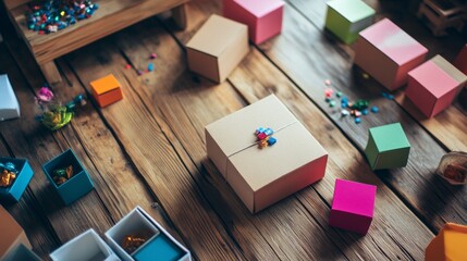Craft table with wrapping paper and boxes