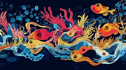 Fototapeta premium Colorful, stylized underwater scene with vibrant fish, corals, and bubbles