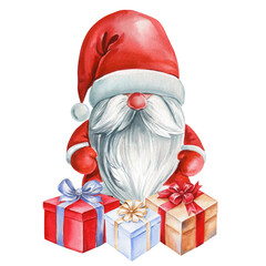 Watercolor Christmas gnome with red Santa hat and colorful gift boxes isolated on white for holiday design, poster, card
