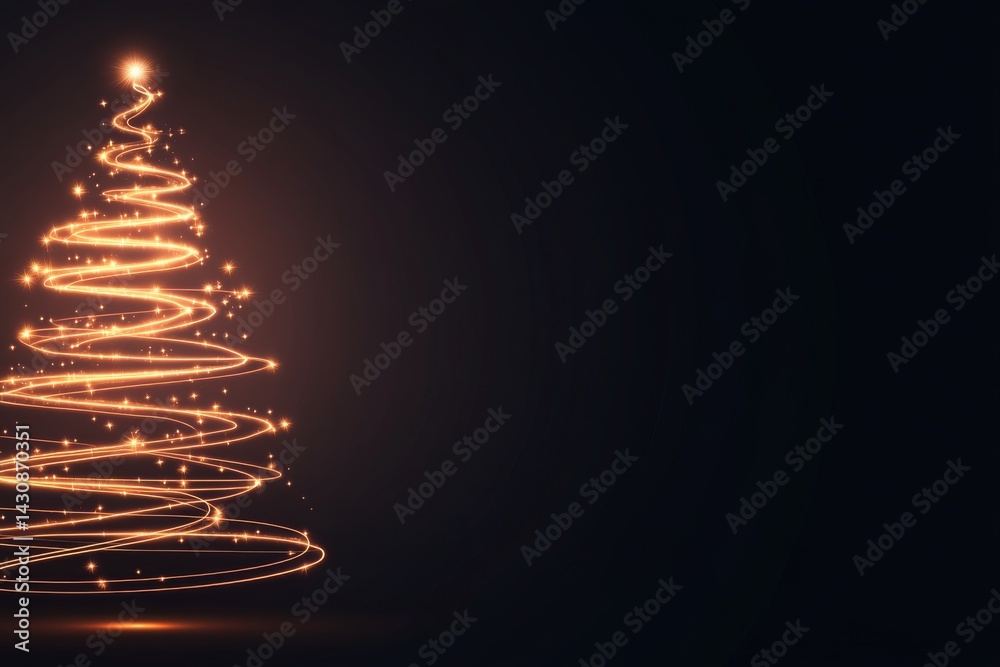 Aufkleber a modern christmas tree crafted from thin gold lines shines brightly on a deep black background, set