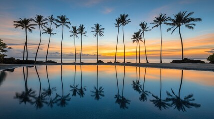 Fototapeta premium Tropical sunset reflections on a tranquil pool.