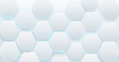 Design a futuristic vector background featuring interlocking hexagons in a honeycomb layout. Use a gradient of soft whites and silvers with glowing neon blue edges for a tech-inspired aesthetic. 
