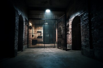 Obraz premium A dark prison cell with brick walls and barred gates, appearing empty and cold, evoking a sense of isolation.