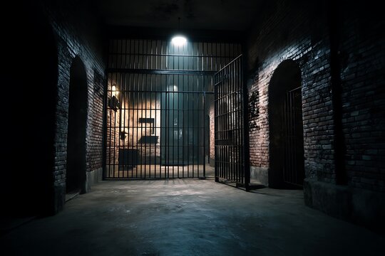 A dark prison cell with brick walls and barred gates, appearing empty and cold, evoking a sense of isolation.