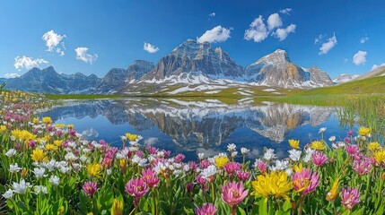 Mountain lake reflects peak, wildflowers bloom