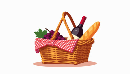 Wicker picnic basket filled with baguette and wine, outdoor dining