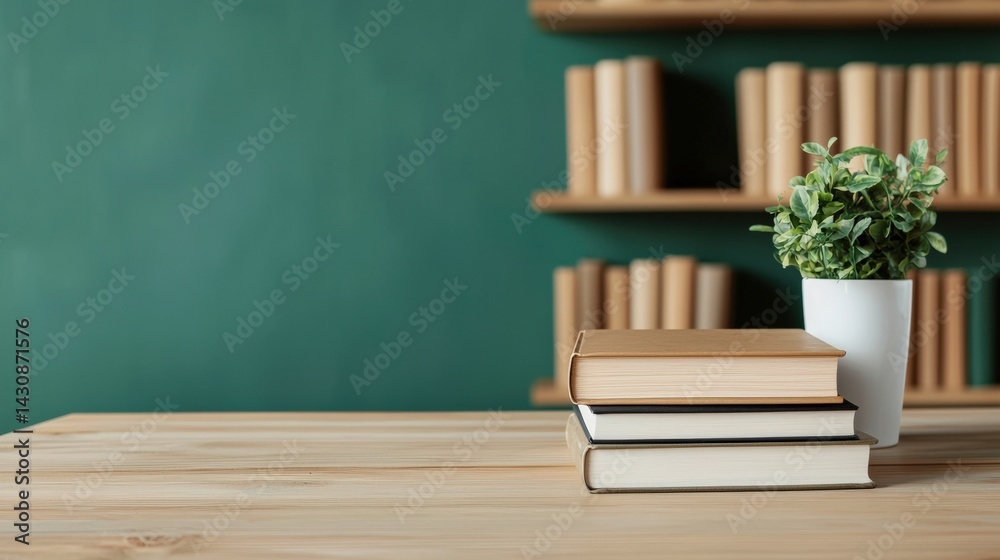 Poster Stack of books on wooden desk with blurred bookshelves and plant creating a modern learning environment