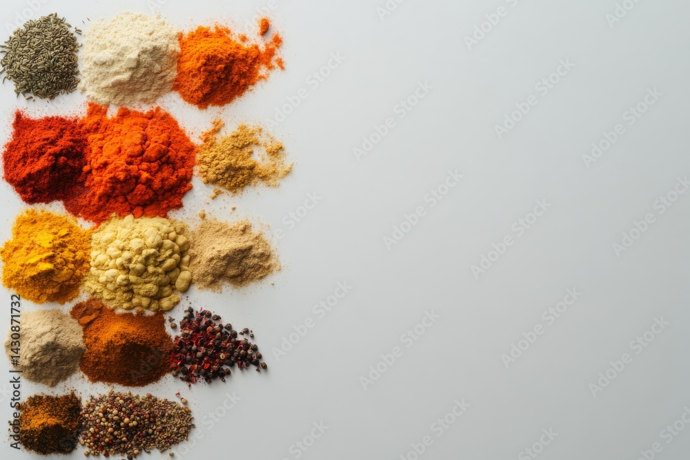 Poster a vibrant arrangement of various spices forms a creative brain shape on a clean white surface, showc