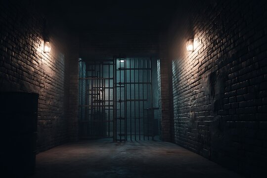 A dark prison cell with brick walls and barred gates, appearing empty and cold, evoking a sense of isolation.