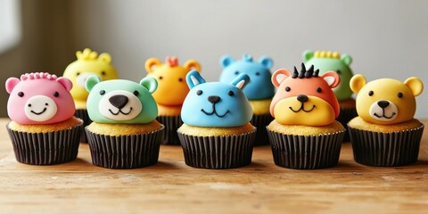 A whimsical set of cupcakes decorated with colorful fondant animal faces, ideal for a childrenâ€™s party