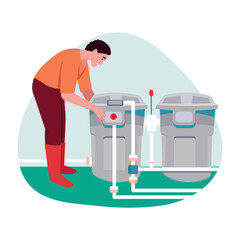 A character doing greywater recycling, flat style illustration