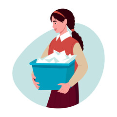 A girl collecting paper in a bucket, flat style illustration