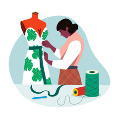 Flat illustration showing a woman promoting sustainable fashion