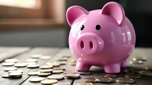 Pink Piggy Bank with Coins on Wooden Table