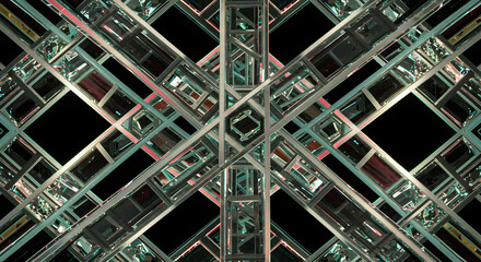 Symmetrical Metallic Structure On Dark Backdrop Creating Abstract 3D Perspective