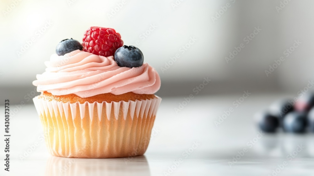 Poster a vibrant fruit cupcake features swirls of pale pink frosting and is topped with fresh blueberries a