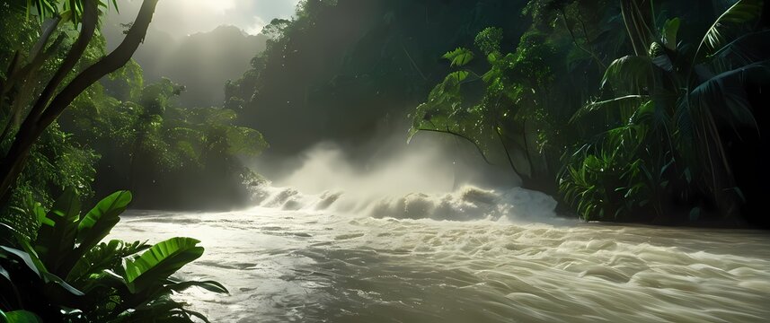 Overwhelming floodwaters rushing through a lush jungle river basin surrounded by tropical greenery