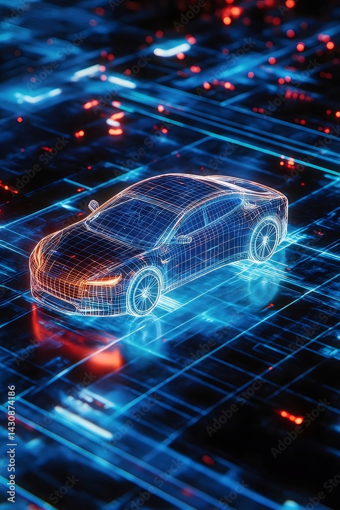 Poster 青い輝きを放つ未来的な電気自動車のデジタル表現技術ネットワークグラフィックデザイン