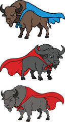Illustration of buffalos line art, wearing a super hero cape 
