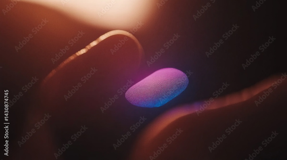 Poster Close-up view of a cutting-edge fingerprint scanning interface features a glowing holographic fingerprint illuminated in blue light, set on a dark background