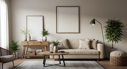Fototapeta premium Modern Minimalist Living Room Design Neutral Tones, Natural Light, and Simple Elegance