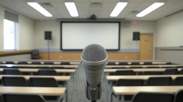  Modern microphone in a lecture hall with a whiteboard and minimalistic classroom setting, perfect for educational content, online courses, and seminar promotions.