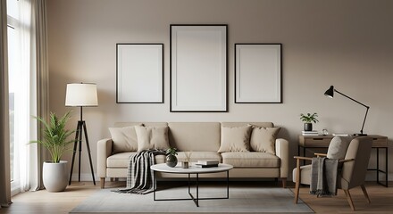 Modern Living Room Interior Design Neutral Tones, Comfortable Sofa, and Stylish Artwork