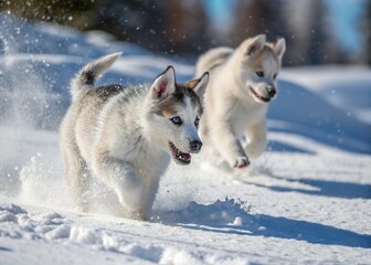 Two Playful Husky Puppies Running in the Snow