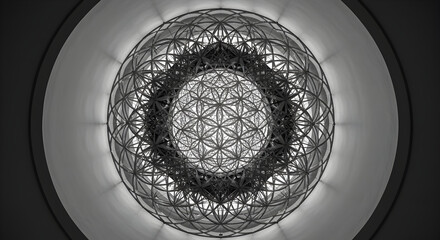 Abstract Ceiling Design Featuring Geometric Shapes And Circular Patterns