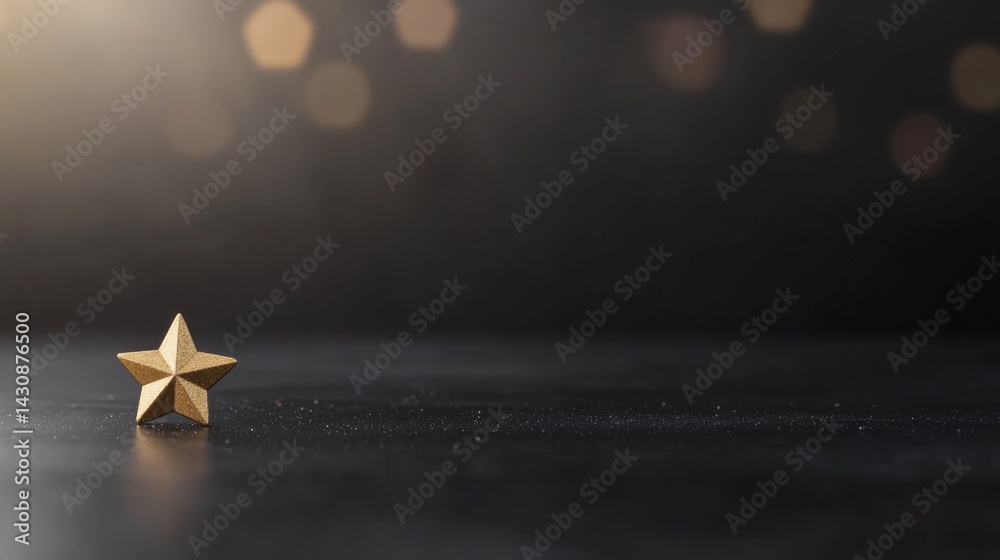 Poster Close-up of a golden star positioned on a shiny black surface, surrounded by subtle sparkles to create a luxurious New Year atmosphere, with space for text