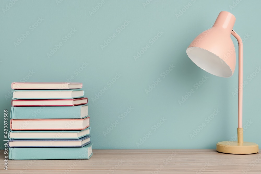 Poster Stack of books and stylish lamp illuminating minimalist workspace
