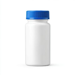 Pill bottle with blue cap isolated on white background