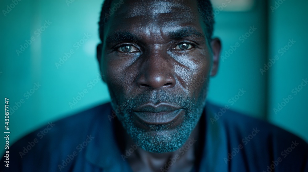 Poster An African man gazes intently into the camera, illuminated by soft lighting that highlights his strong features and profound expression against a blurred background