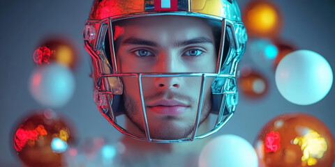 Helmeted American Football Player with Floating Neon Spheres &ndash; Sports Concept