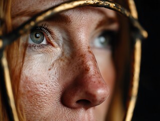 Close-up of a woman's face with freckles, looking off into the distance, framed by ornate gold-toned metal