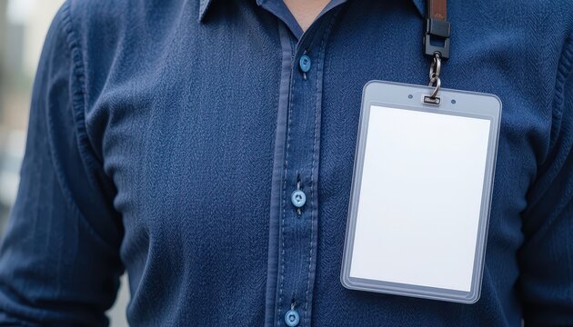 Individual in Blue Shirt With Empty Identification Badge During Professional Event in Urban Environment